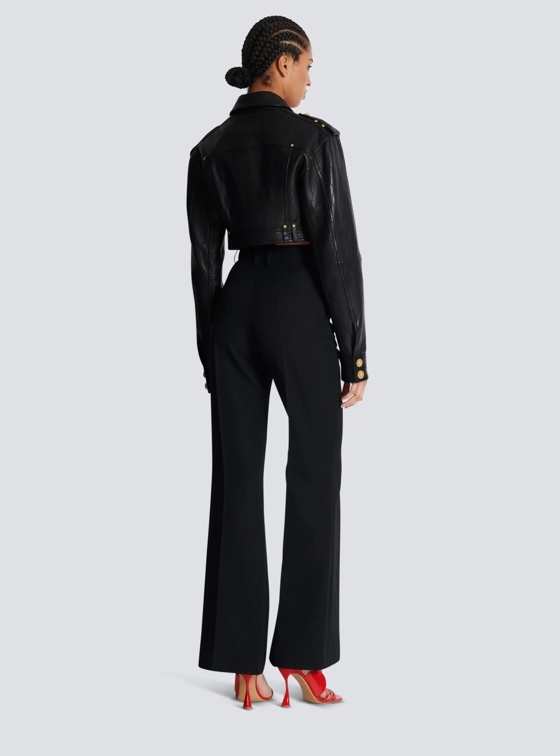 Women Balmain Topstitched Cropped Leather Jacket