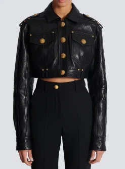 Women Balmain Topstitched Cropped Leather Jacket