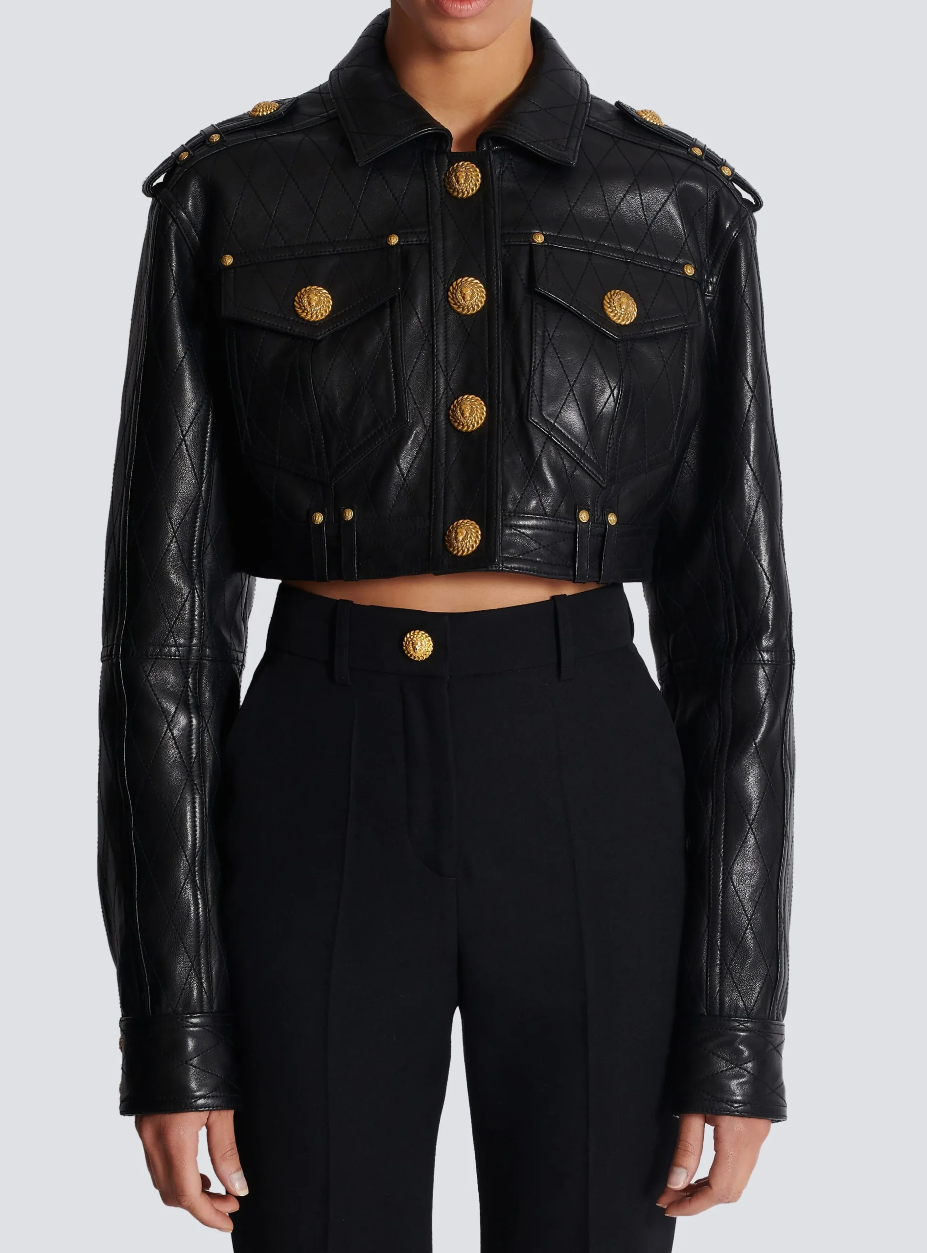 Women Balmain Topstitched Cropped Leather Jacket