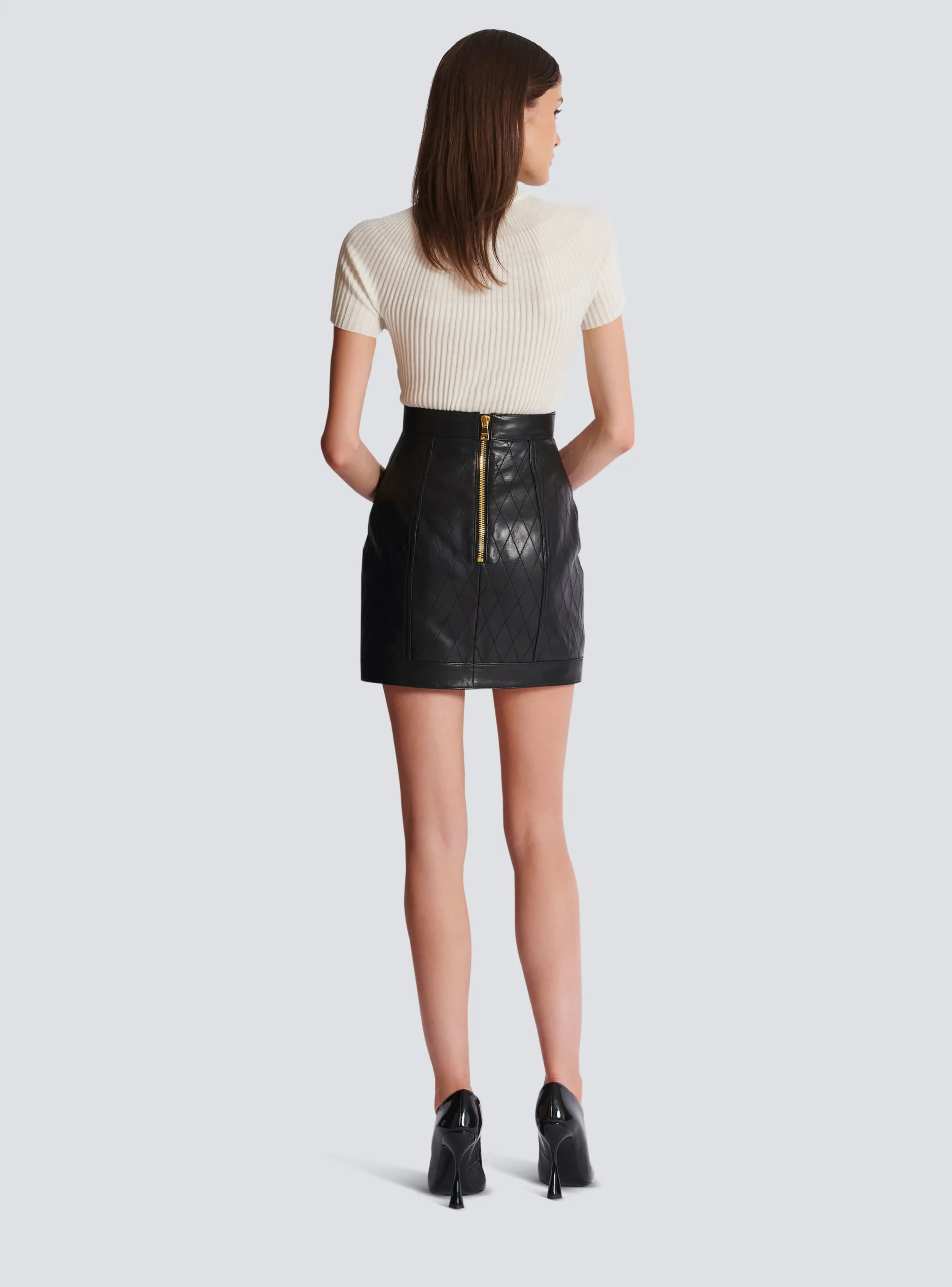 Women Balmain Topstitched Leather Skirt With Buttons