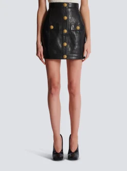 Women Balmain Topstitched Leather Skirt With Buttons