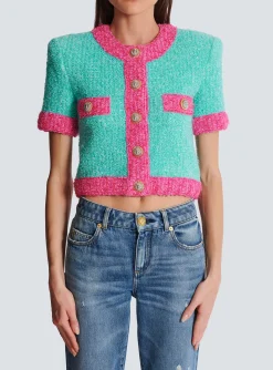 Women Balmain Two-tone Cropped Knit Cardigan