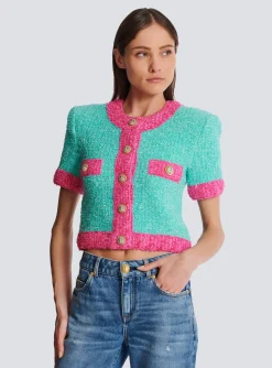 Women Balmain Two-tone Cropped Knit Cardigan