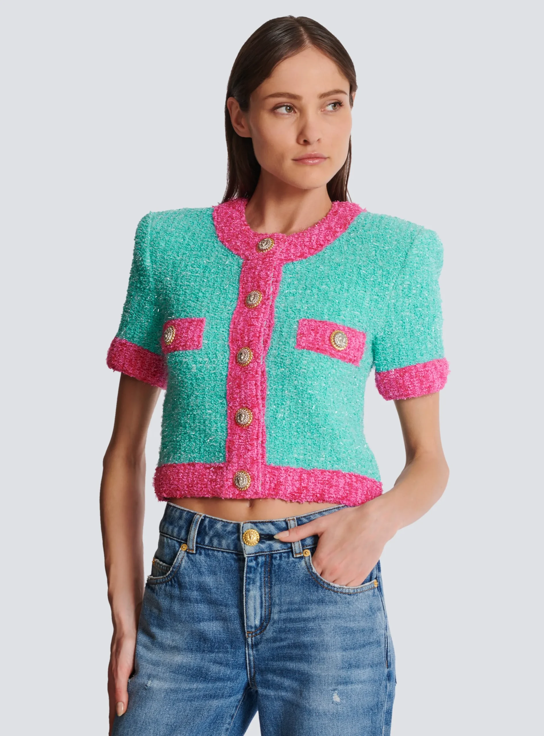 Women Balmain Two-tone Cropped Knit Cardigan