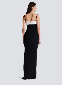 Women Balmain Two-tone Long Crepe Dress With Leg Slit