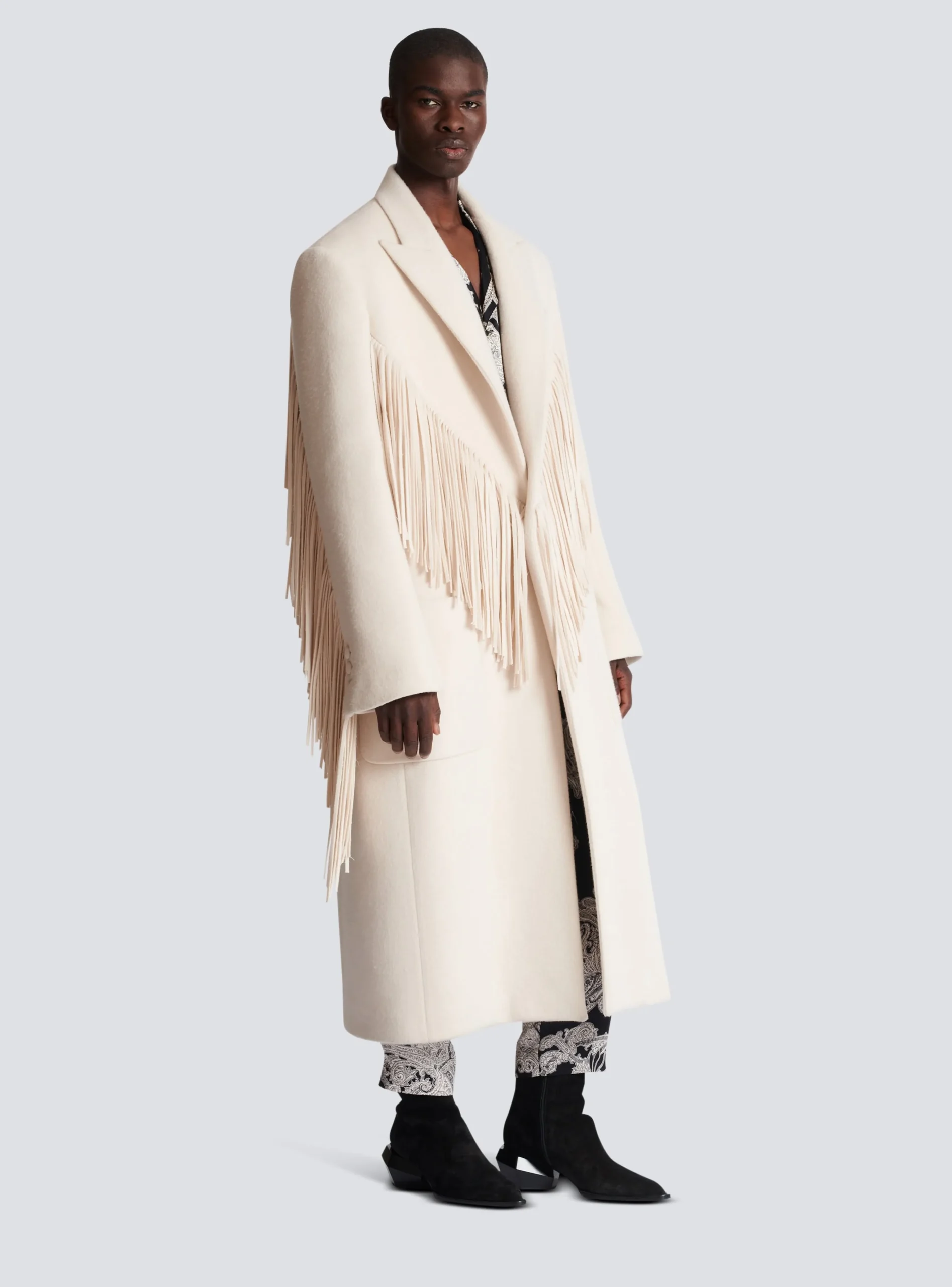 Balmain Unisex Long Fringed Wool And Cashmere Coat