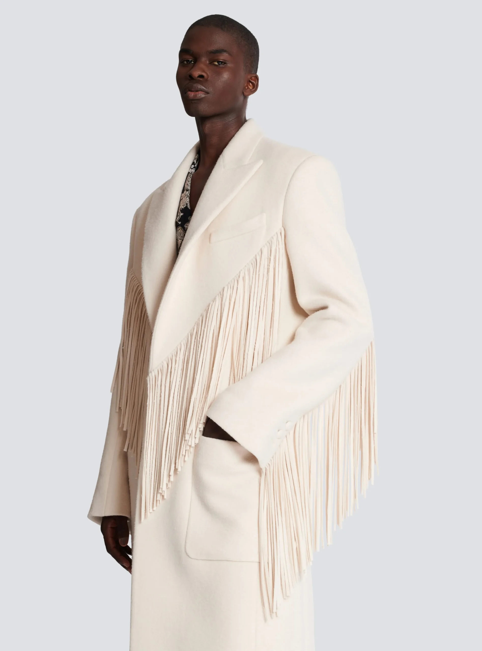 Balmain Unisex Long Fringed Wool And Cashmere Coat