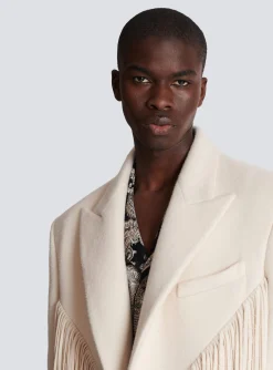 Balmain Unisex Long Fringed Wool And Cashmere Coat