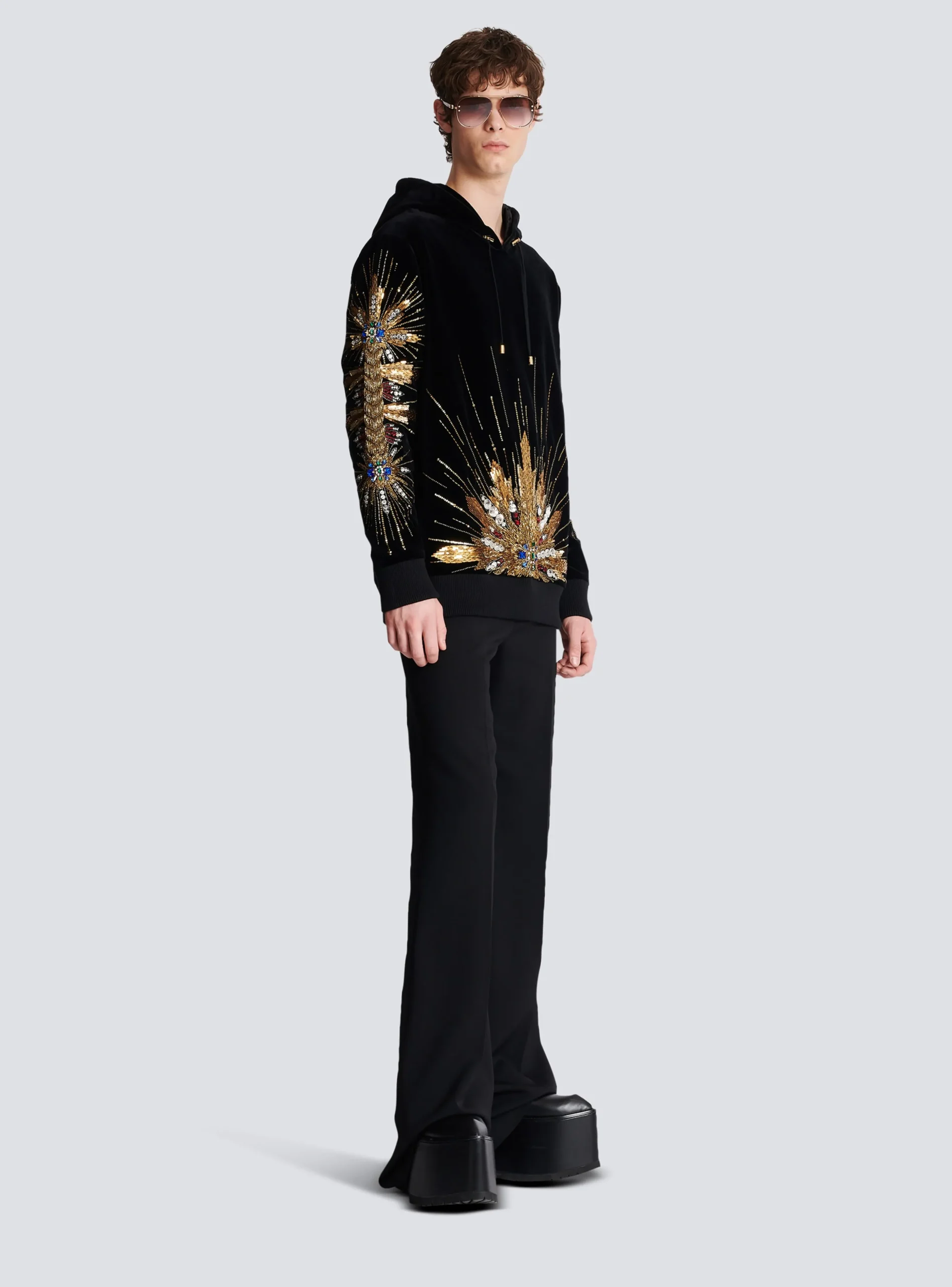 Balmain Velvet Hooded Sweatshirt With Embroidery