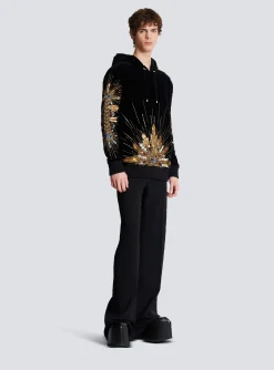 Balmain Velvet Hooded Sweatshirt With Embroidery