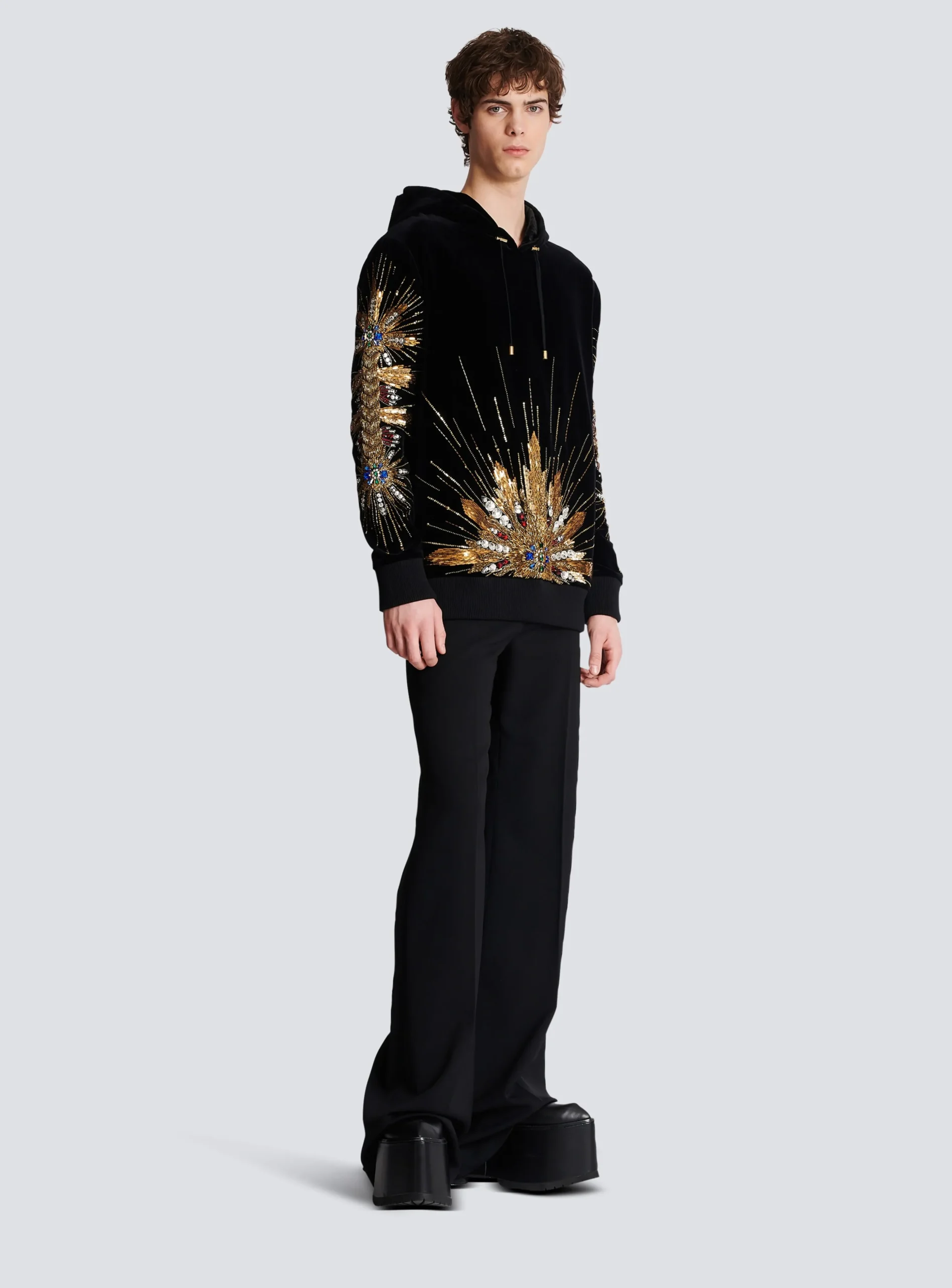 Balmain Velvet Hooded Sweatshirt With Embroidery