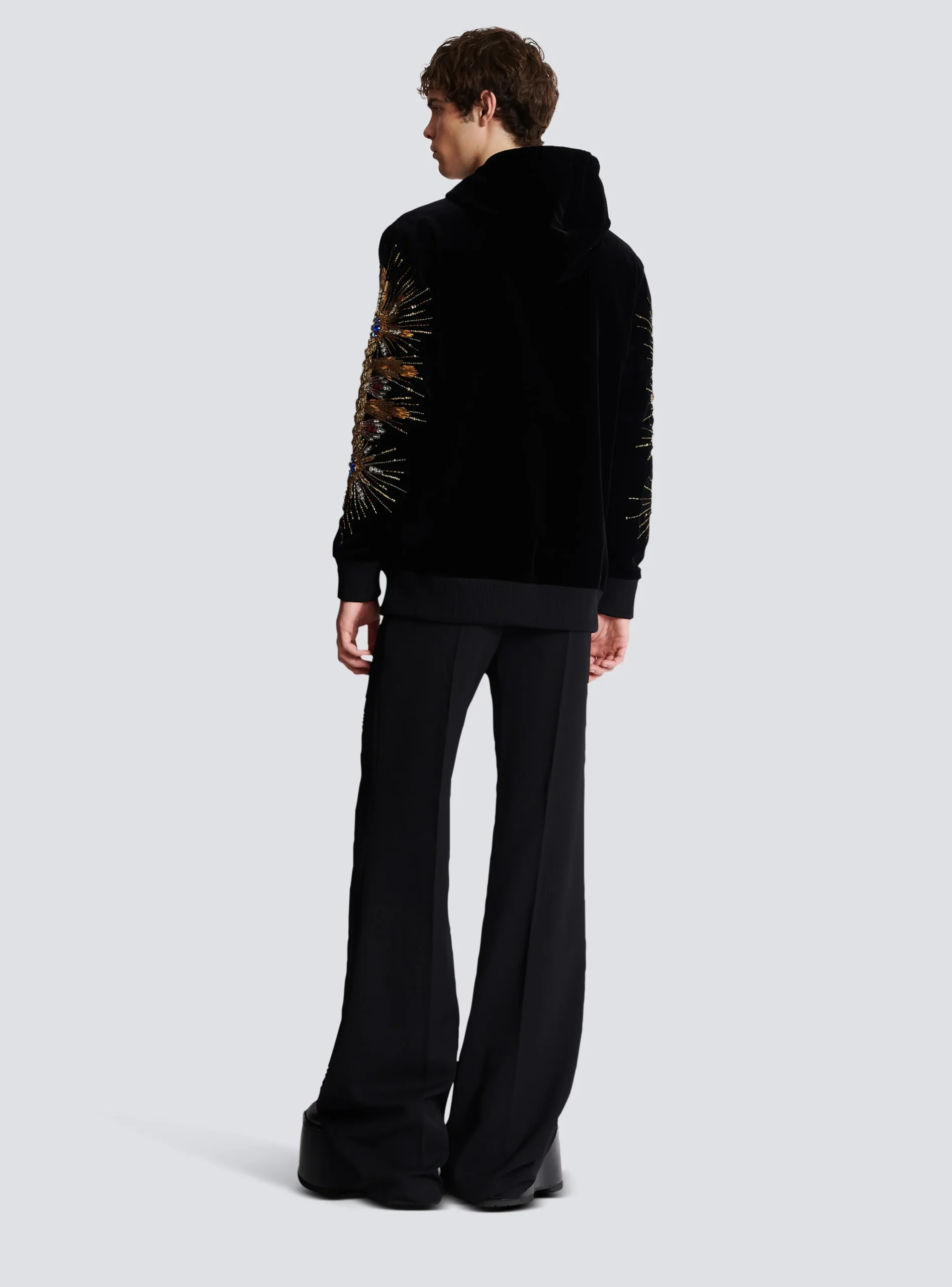 Balmain Velvet Hooded Sweatshirt With Embroidery