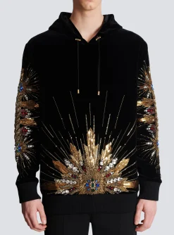 Balmain Velvet Hooded Sweatshirt With Embroidery