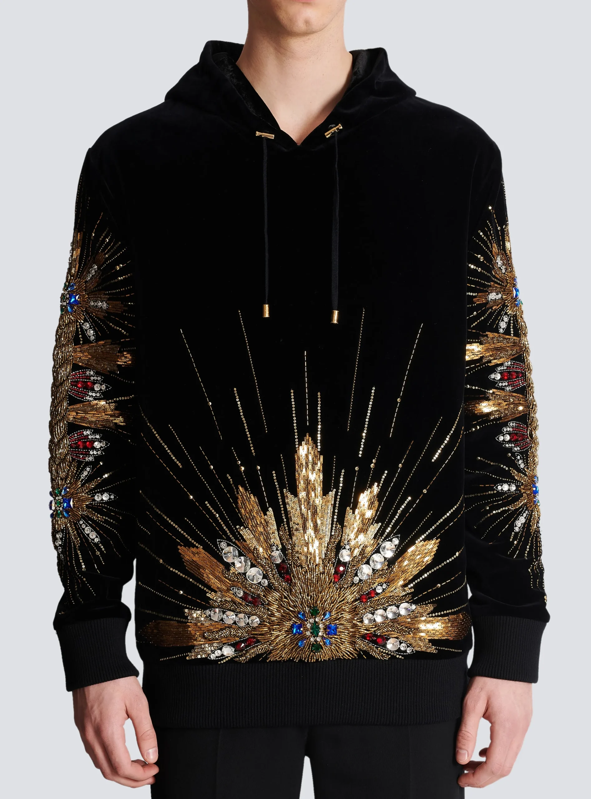 Balmain Velvet Hooded Sweatshirt With Embroidery