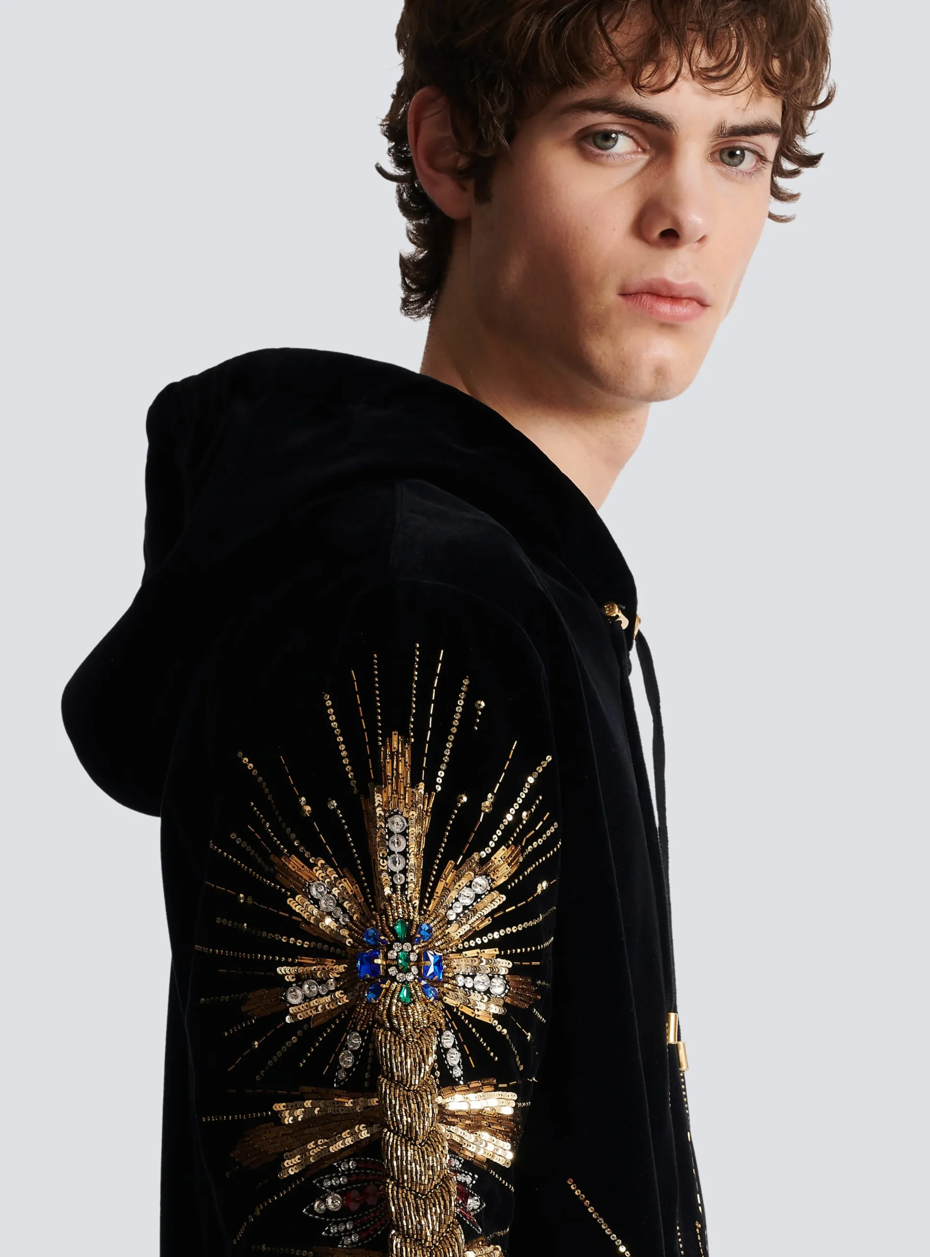 Balmain Velvet Hooded Sweatshirt With Embroidery