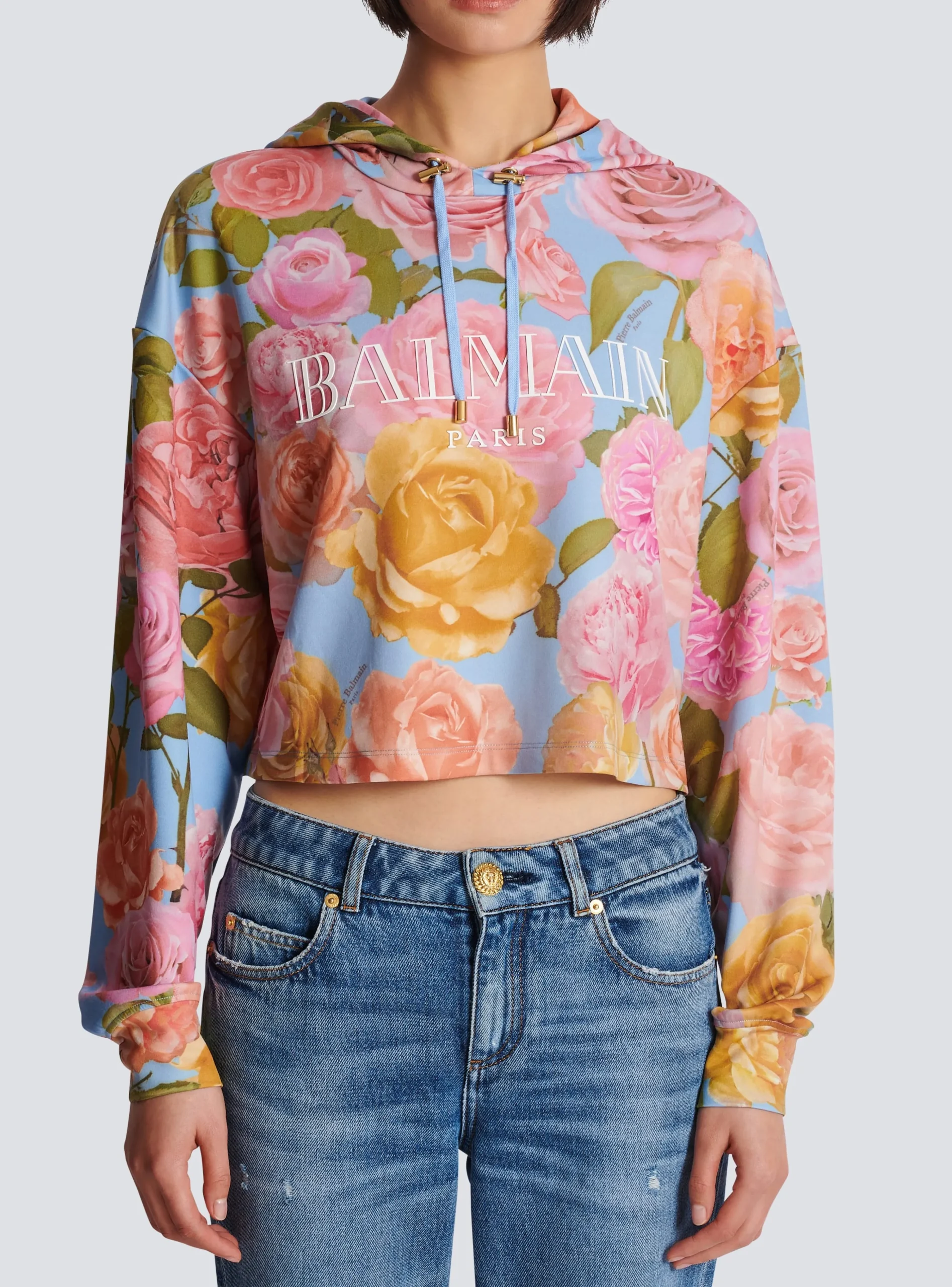Women Balmain Vintage Hoodie With Pastel Roses Print
