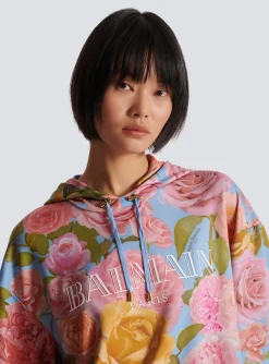 Women Balmain Vintage Hoodie With Pastel Roses Print