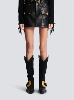 Women Balmain Western Leather A-line Skirt