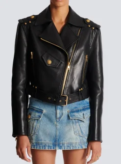 Women Balmain Zipped Leather Biker Jacket