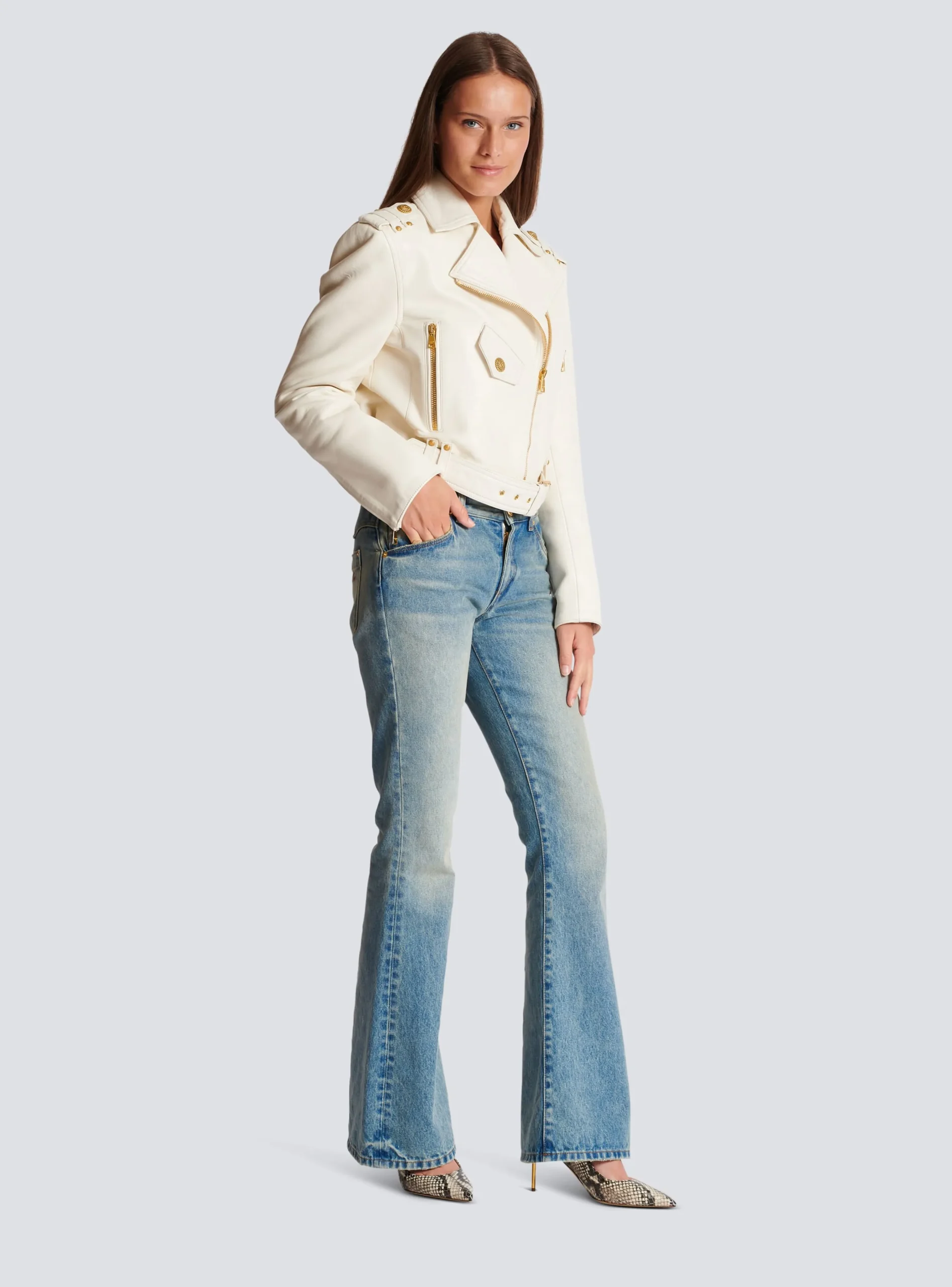 Women Balmain Zipped Leather Biker Jacket