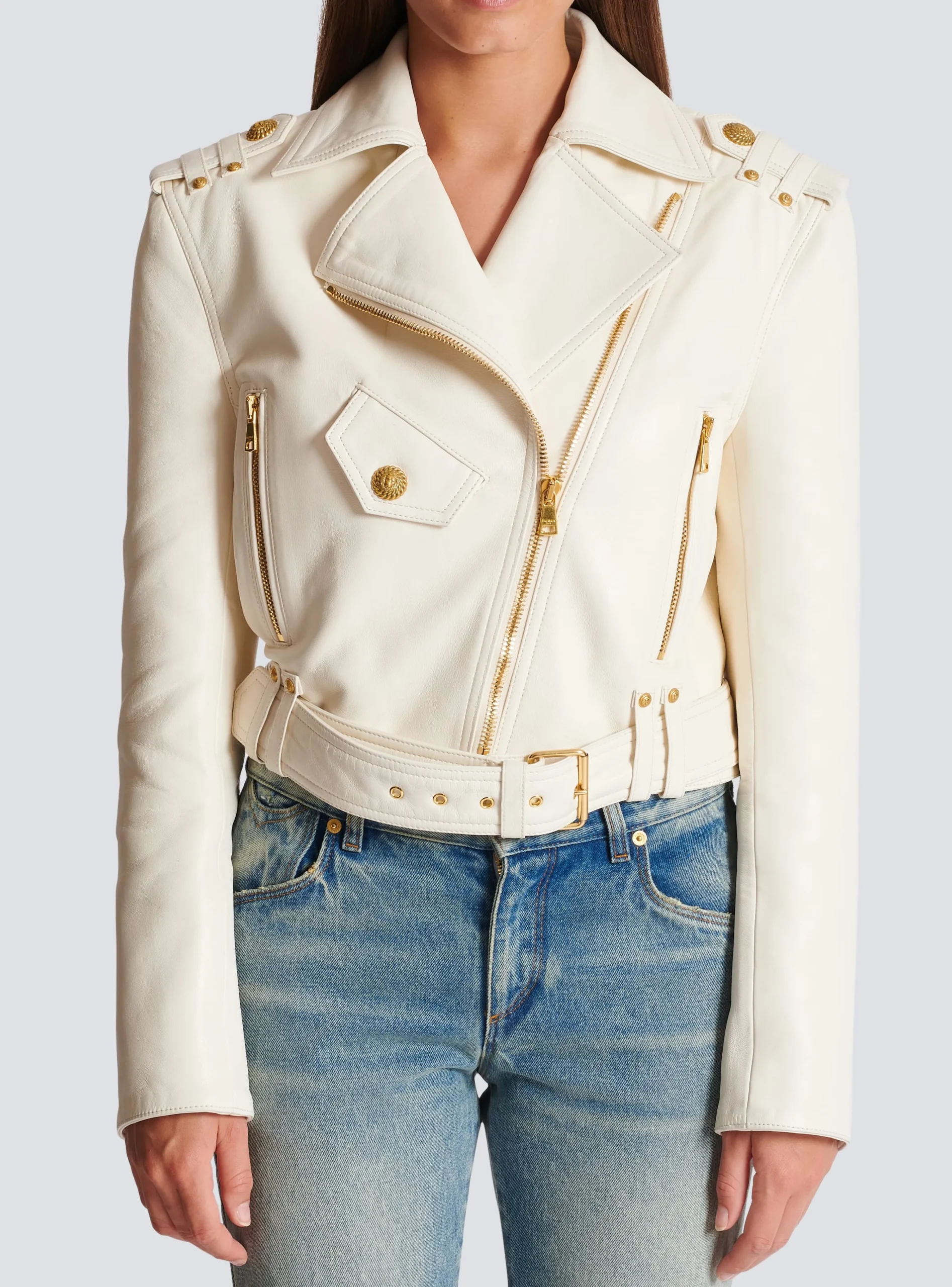 Women Balmain Zipped Leather Biker Jacket